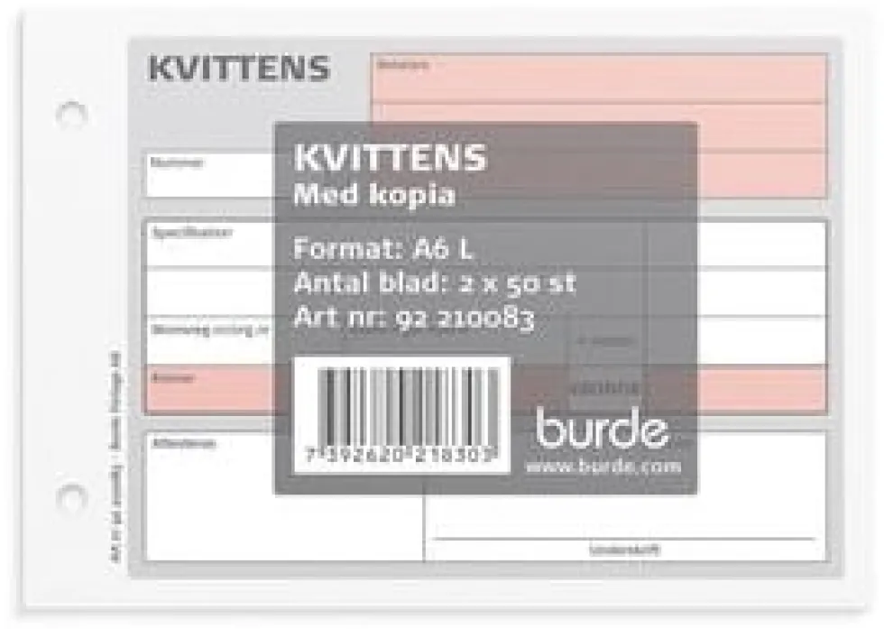 Blankett kvittens A6L m. 1 kopia 2x50 bl