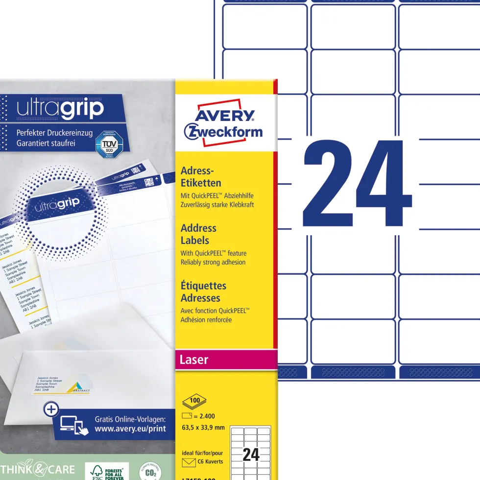 Etikett AVERY Ultra Grip 63,5x33,9mm 2400/FP