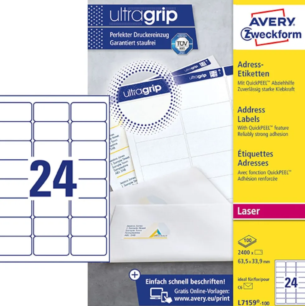 Etikett AVERY Ultra Grip 63,5x33,9mm 2400/FP