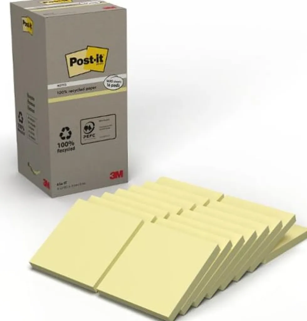 Notes POST-IT 100% recy 76x76 gul 16/fp