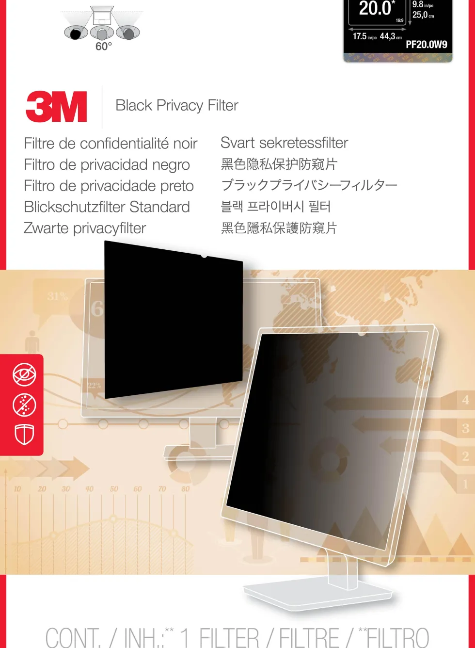 Sekretessfilter 3M PF, 16:9, 20 tum, 5st