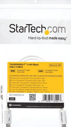 StarTech 1.6ft (50cm) Thunderbolt 3 Cable, 40Gbps, 100W PD,