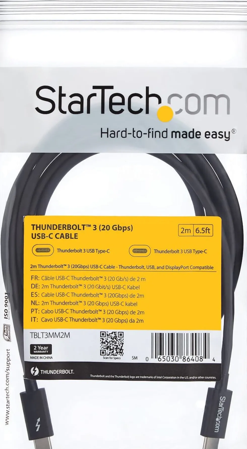 StarTech 2m (6.6ft) Thunderbolt 3 Cable, 20Gbps, 100W PD, 4K
