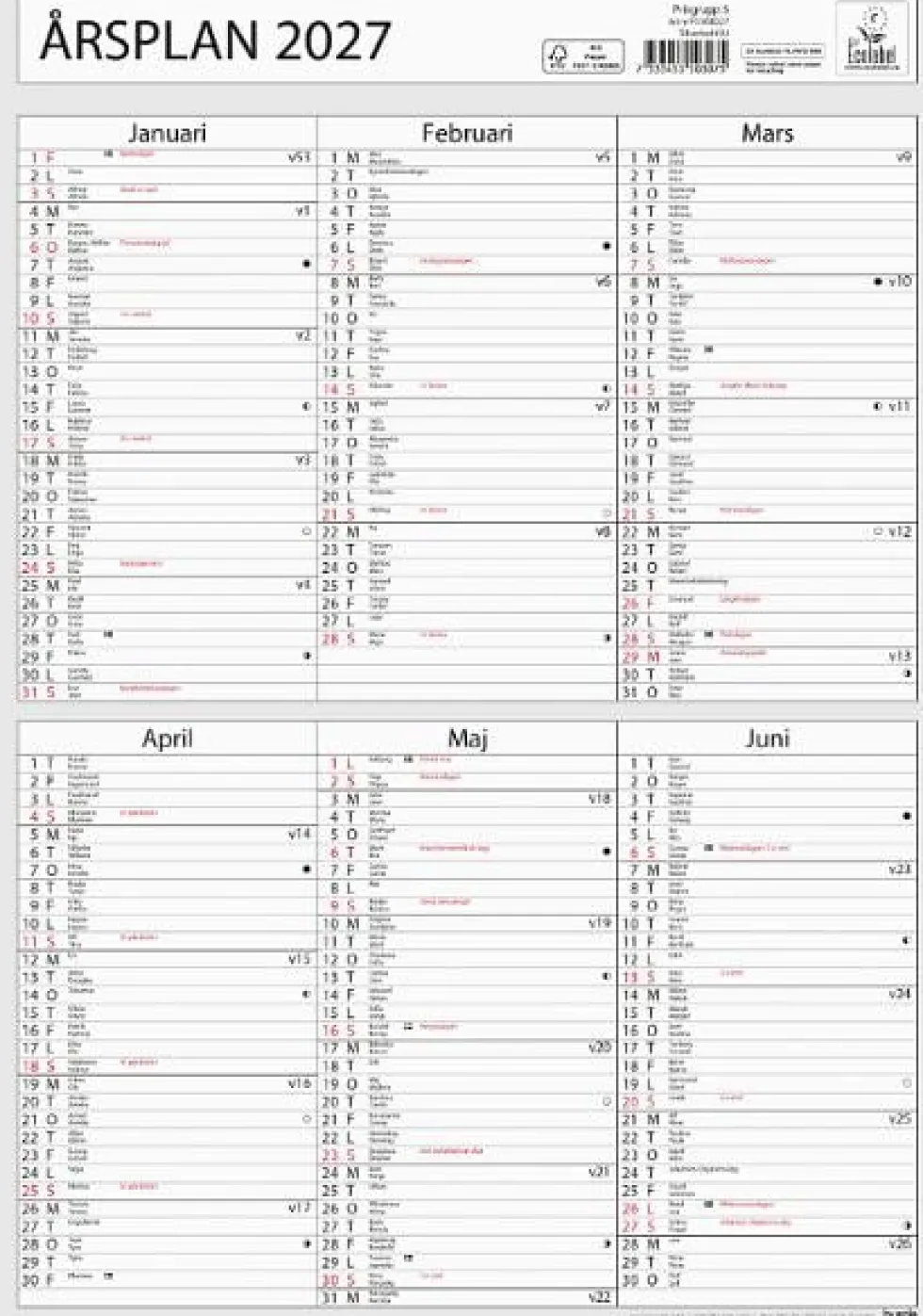 Väggkalender Årsplan 2027